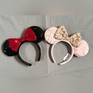 Disney Parks Mickey And Sequined gold bow Minnie Mouse Ears Set Of 2 Bundle